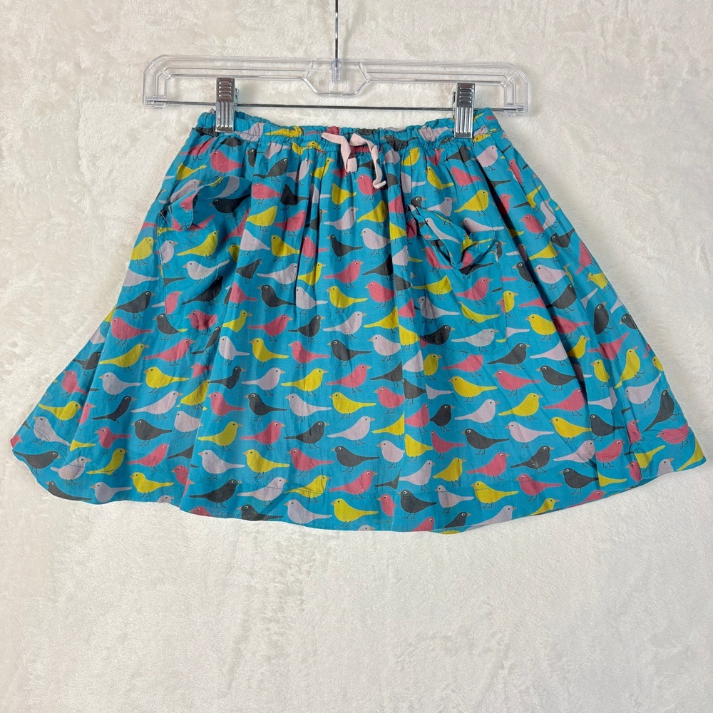 Mini Boden Bird Print Skirt Kids 7-8Y Blue Good Lined Pockets Drawstring